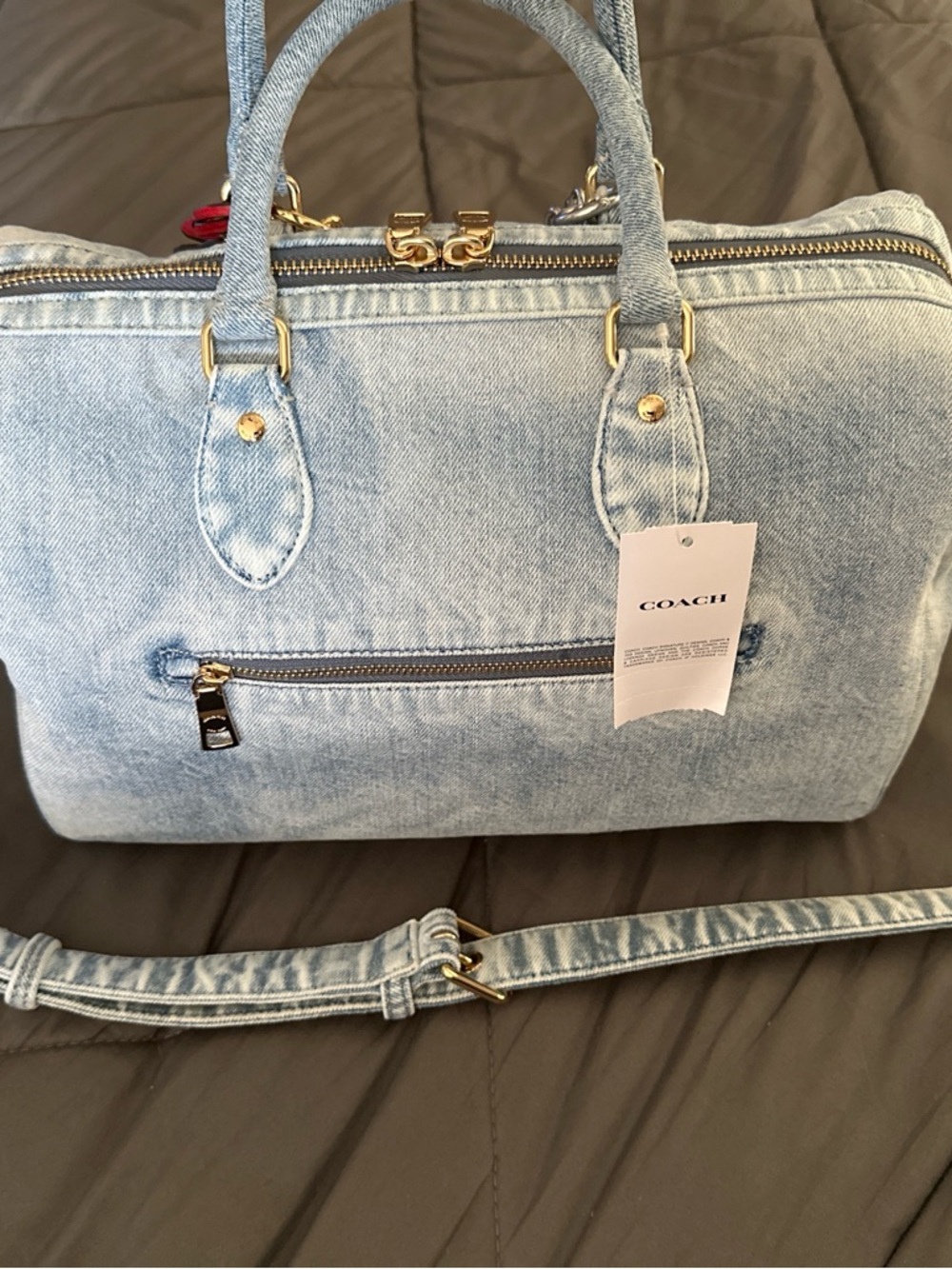 Coach Outlet Rowan Large Satchel Bag In Loved Denim With Charms - Picture 5 of 5